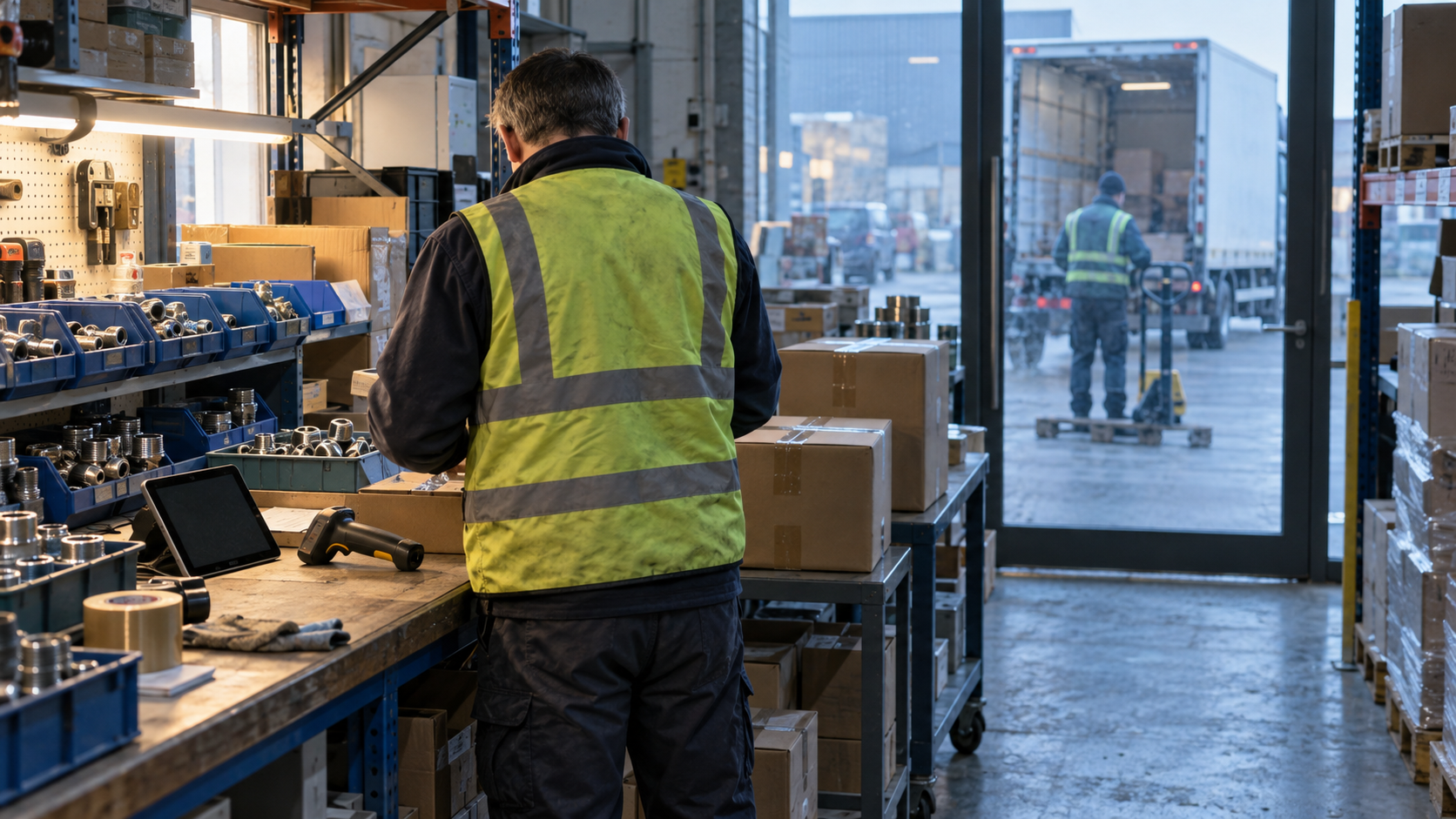 A realistic editorial photograph inside a small British industrial parts distributor at early morning, showing a warehouse supervisor from behind pausing a dispatch beside a tablet and sealed cartons.