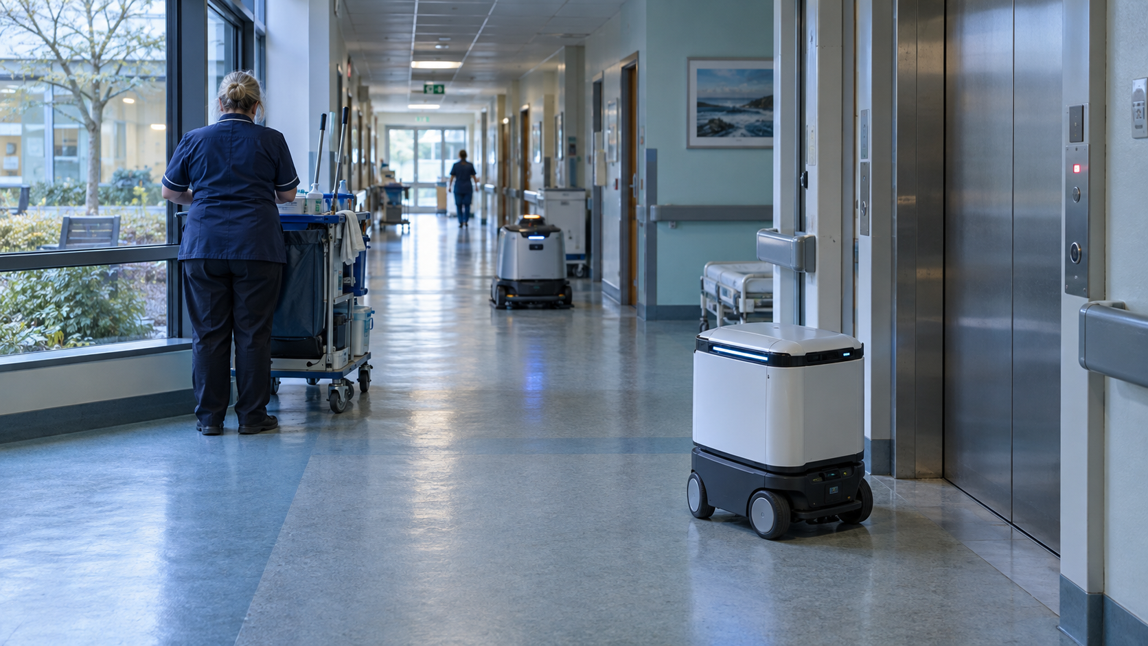 A realistic editorial photograph inside a British hospital service corridor early in the morning, with soft daylight entering through courtyard windows. A compact autonomous delivery robot waits besid