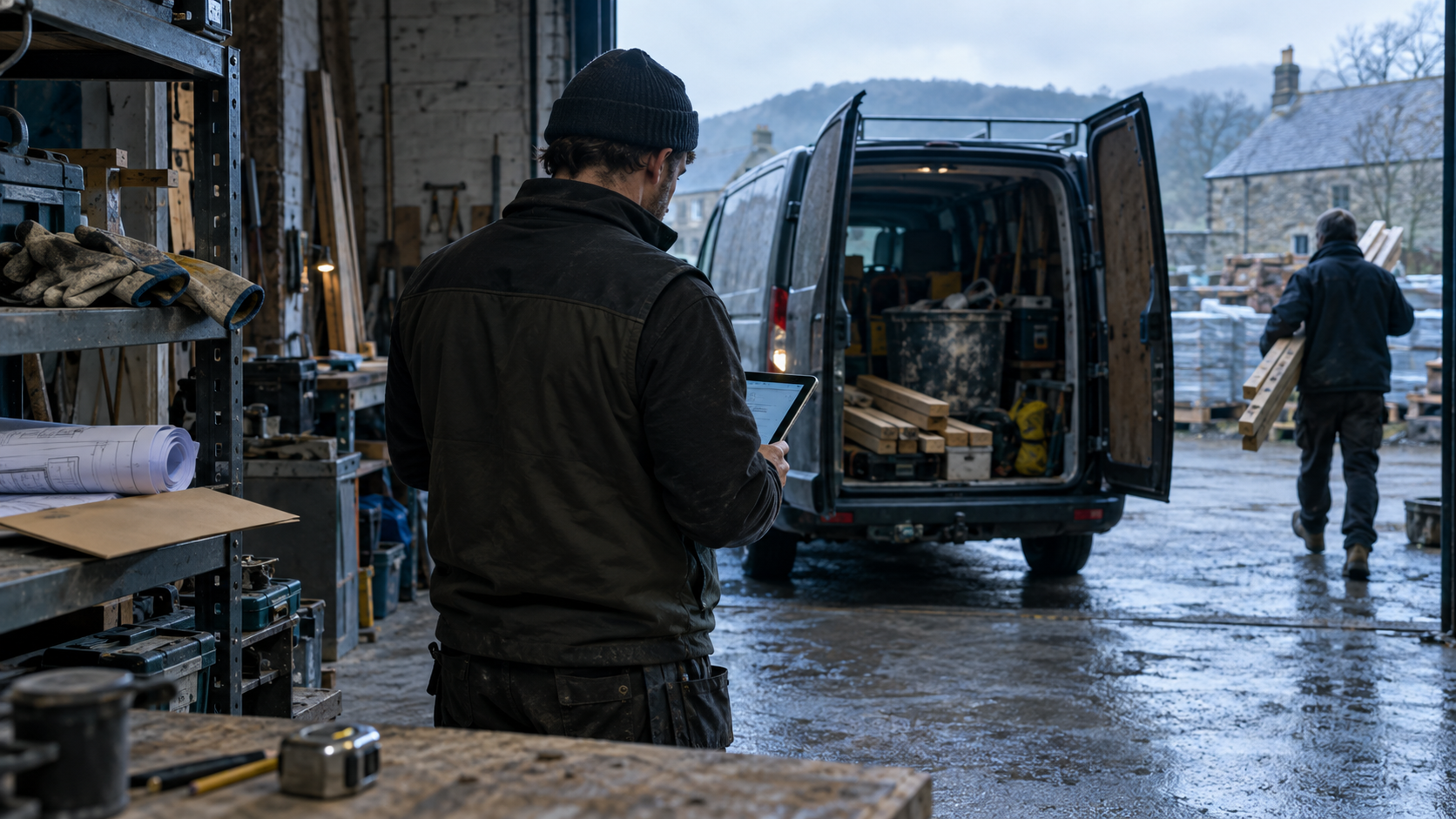 A small British construction workshop at opening time, with a proprietor seen from behind checking a tablet beside a loaded van while a colleague carries timber through the doorway. Include work glove