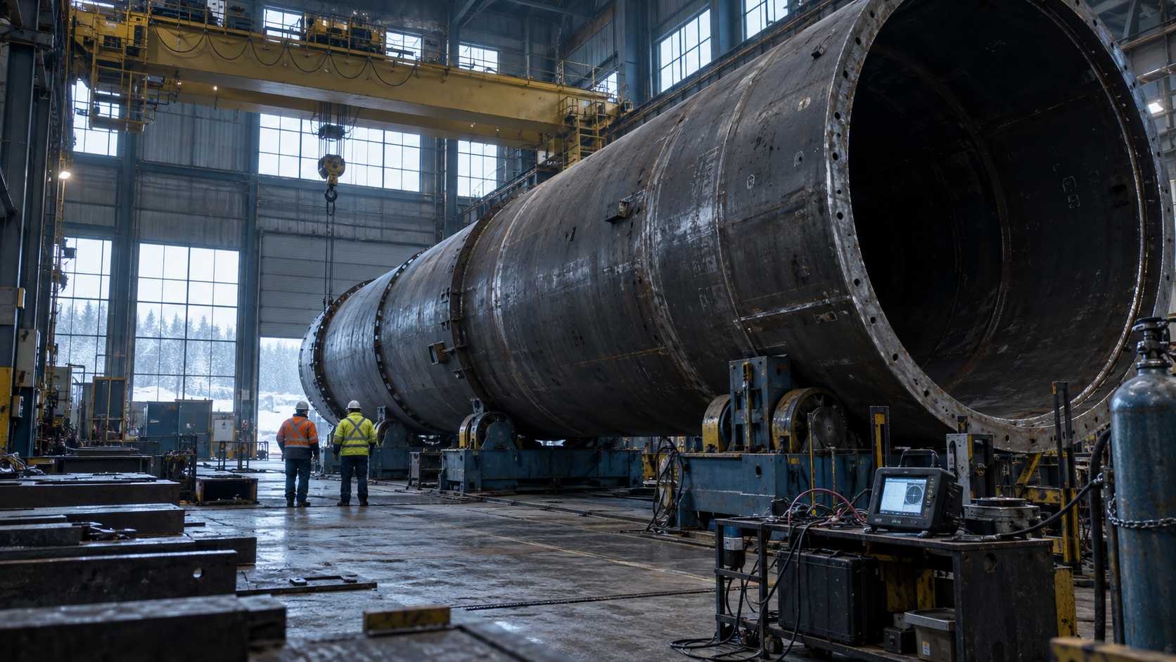 A realistic editorial photograph inside a heavy engineering fabrication hall in Ontario, early morning winter light entering through high windows. A large unfinished steel cylindrical component rests 