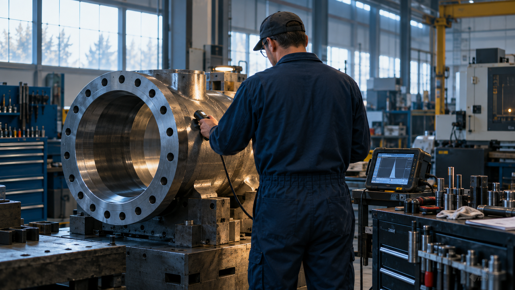 A realistic editorial photograph inside a specialist engineering workshop in Ontario during an early morning inspection shift. A technician seen from behind guides an inspection probe across a large m