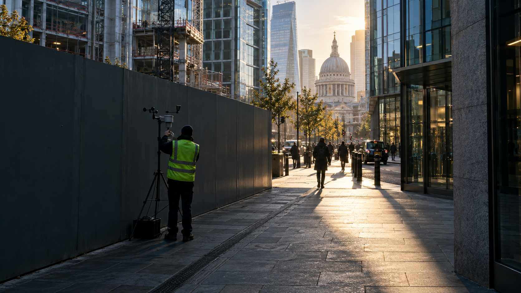 A realistic editorial photograph outside a British manufacturing plant at early morning shift change, with an adjoining electricity substation and industrial cooling equipment visible behind a secure 