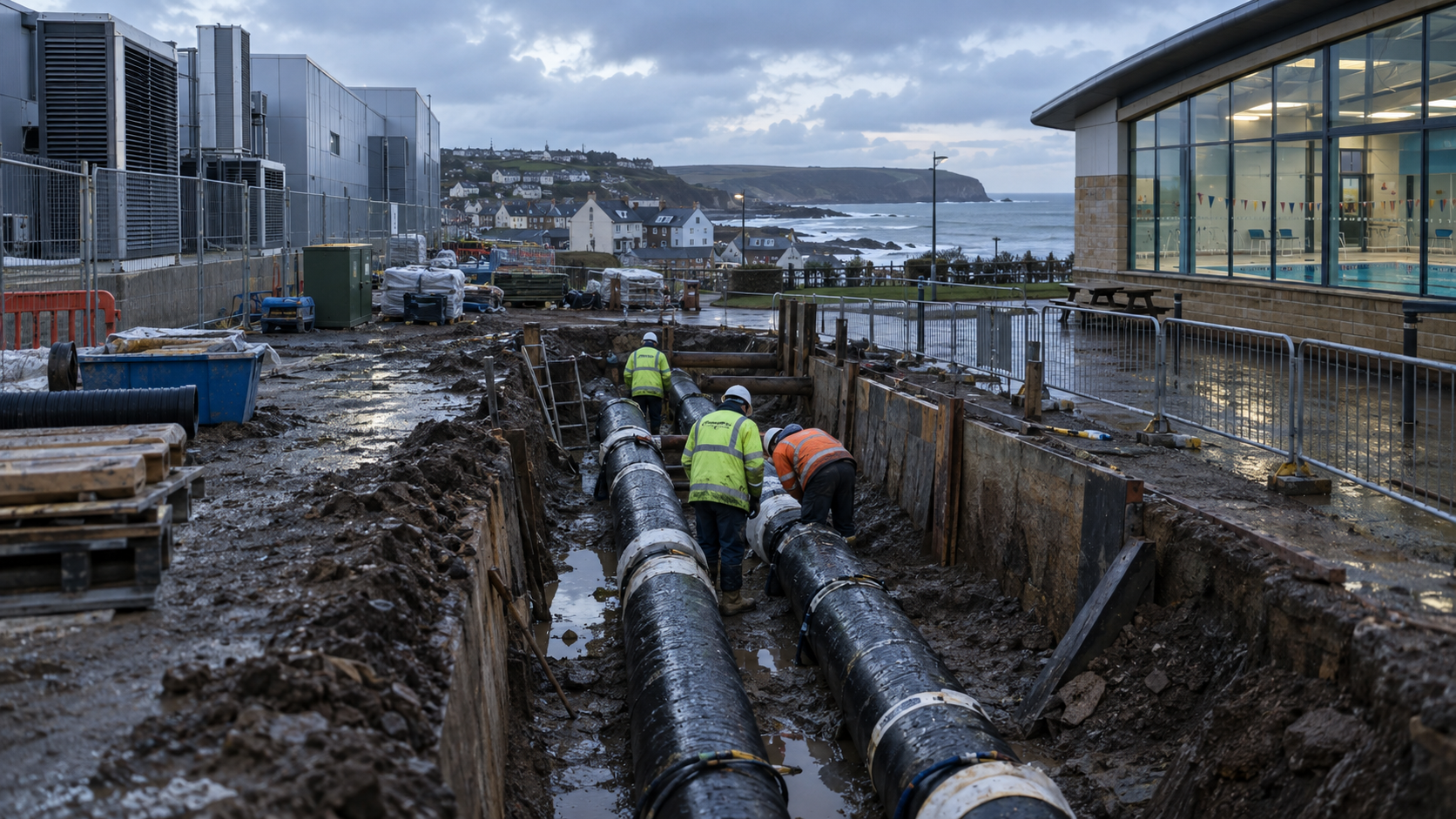 A realistic editorial photograph at the edge of a British coastal town, where workers seen from behind inspect insulated heating pipes in an open trench between a low industrial data-centre building a