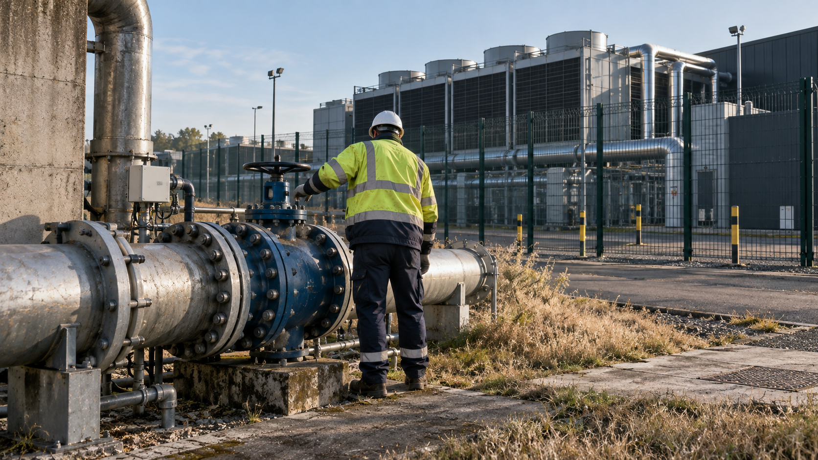 A realistic editorial photograph at the edge of a British industrial estate on a dry late-summer morning, showing a water utility technician inspecting a large metered supply pipe beside an unbranded 