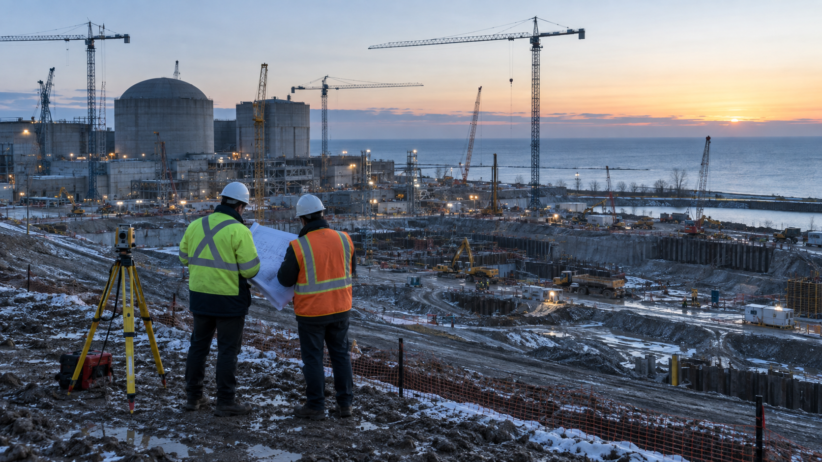 A realistic editorial photograph at the Darlington nuclear construction site in Ontario, viewed from outside the perimeter in early morning. Cranes rise above excavations while two engineers seen from
