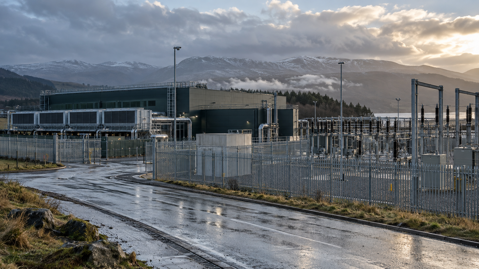 A realistic editorial photograph at the edge of a Scottish industrial estate on a cold early morning, showing a low data centre building beside an electricity substation, external cooling equipment an
