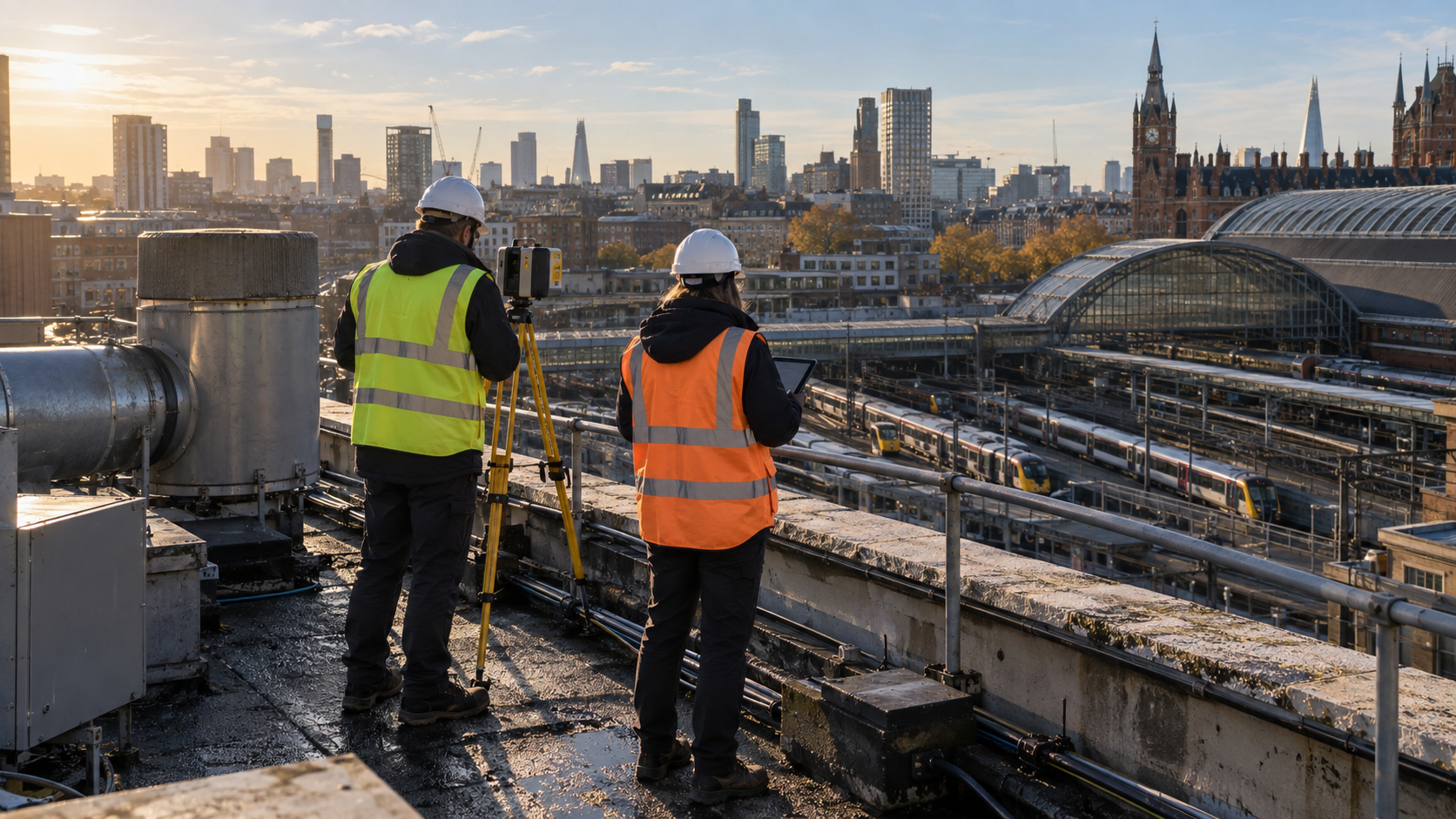A realistic editorial photograph of a rooftop feasibility survey on a commercial building beside a London railway terminus, early morning in clear autumn light. Two surveyors seen from behind inspect 