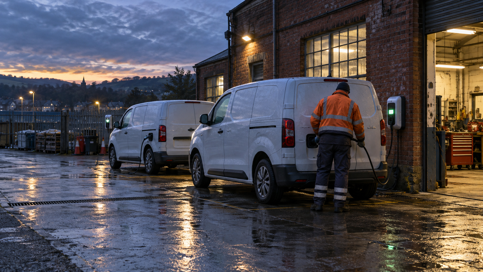 A realistic editorial photograph of a small British maintenance depot before sunrise, with electric service vans plugged into wall-mounted chargers beside a brick workshop. One van is being unplugged 