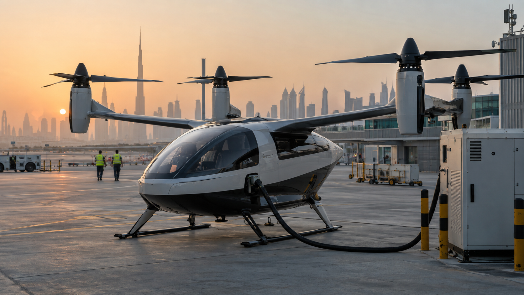 A realistic editorial photograph at a Dubai airport apron during early morning, with an electric vertical-take-off aircraft parked beside a compact charging cabinet and substantial charging cable. Ele