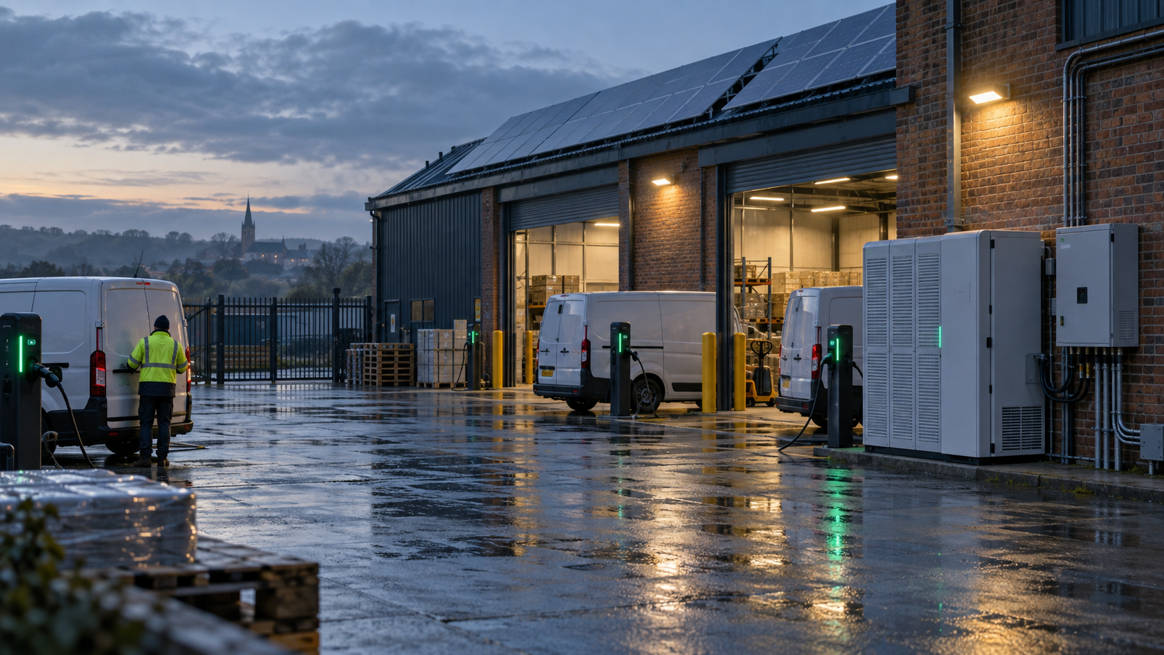 A realistic editorial photograph of a small British delivery depot at dawn, with electric vans connected to outdoor chargers beside a brick warehouse fitted with rooftop solar panels. A weatherproof b