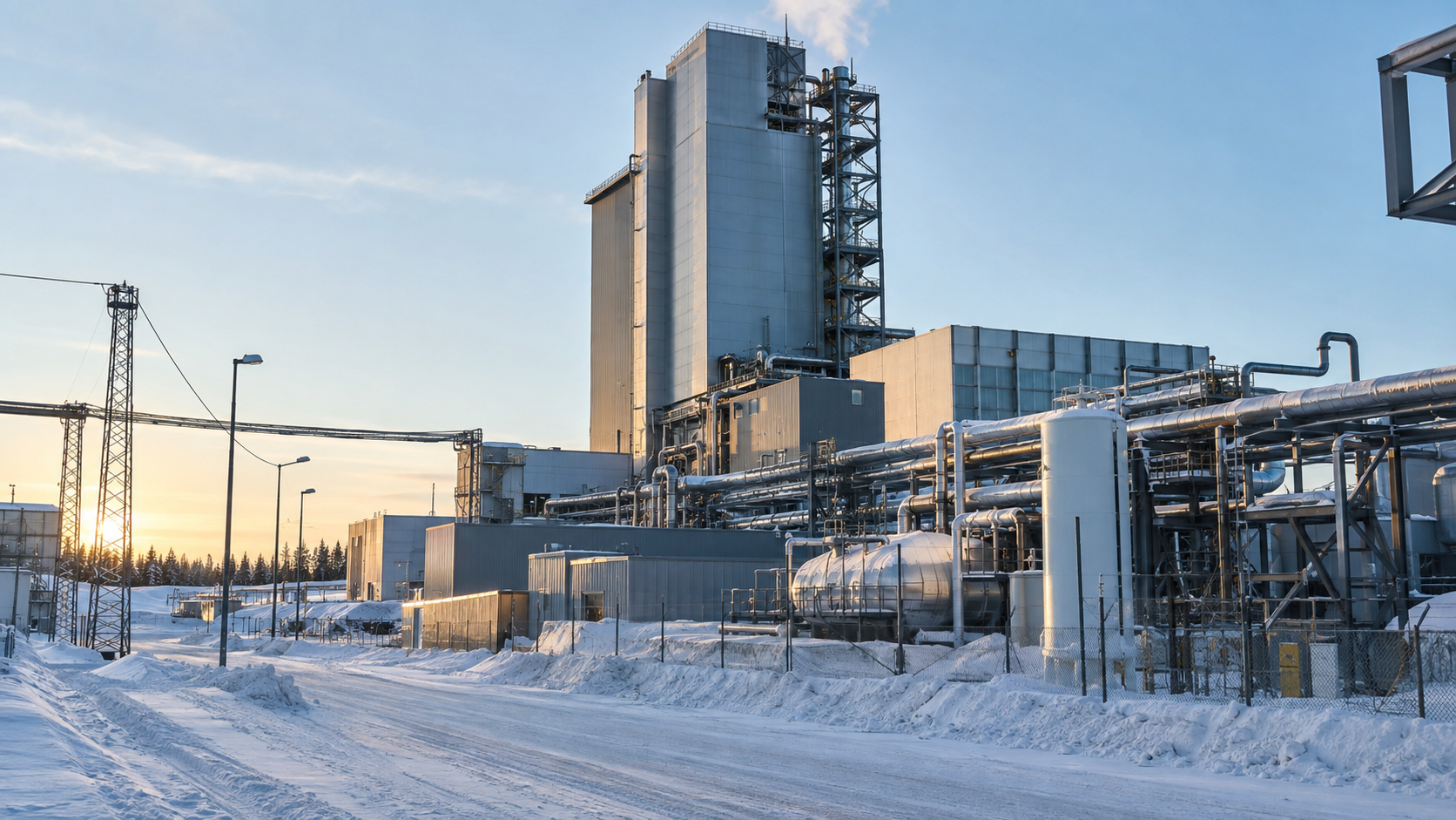 A realistic editorial photograph outside the HYBRIT pilot facility in Luleå, Sweden, on a winter morning. Frame the direct reduction tower beside industrial pipework and electrical infrastructure, wit
