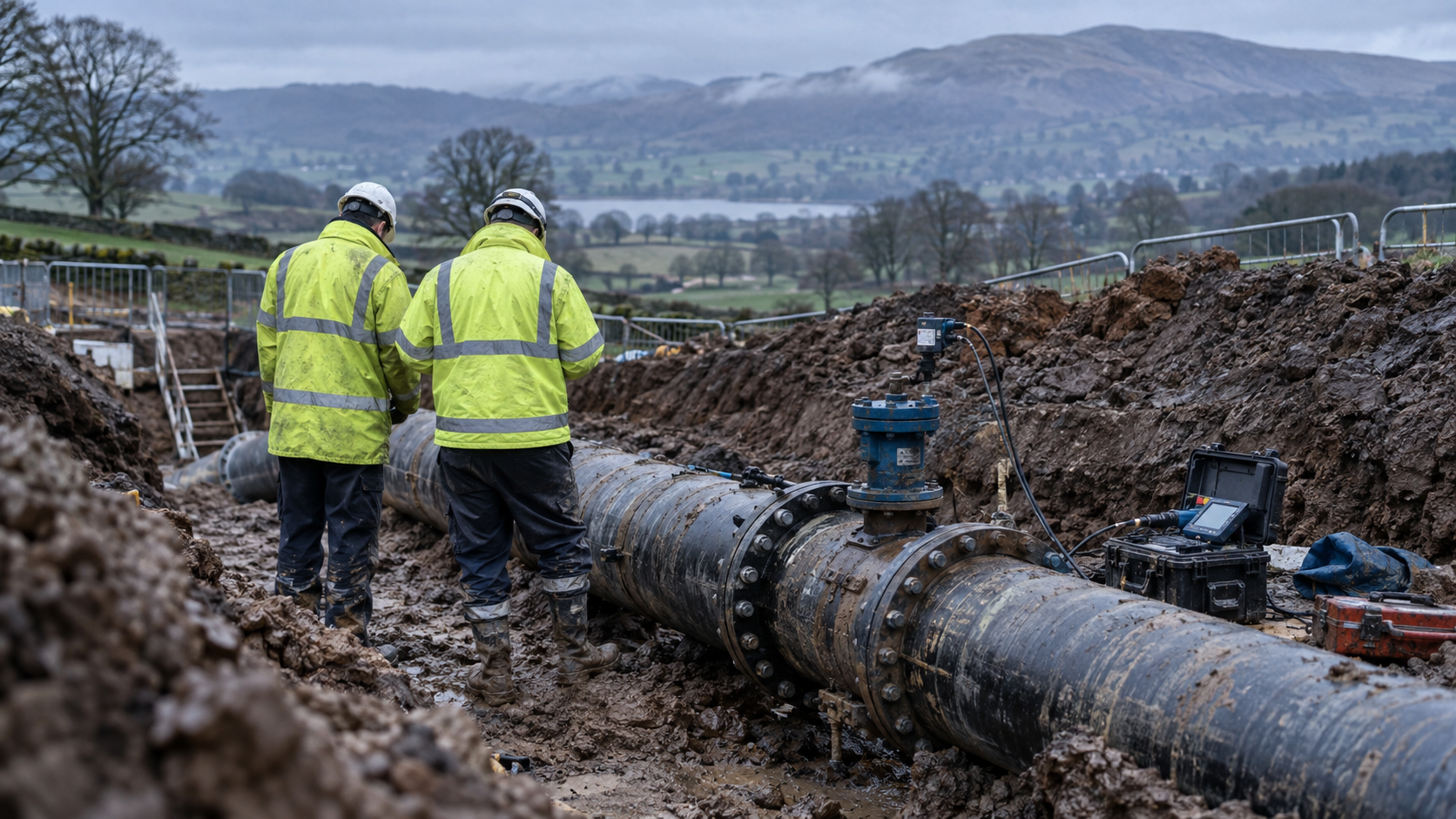 A realistic editorial photograph at a gas pipeline inspection site in rural Cumbria, showing an exposed steel pipeline in a carefully excavated trench, a flanged valve assembly and inspection instrume