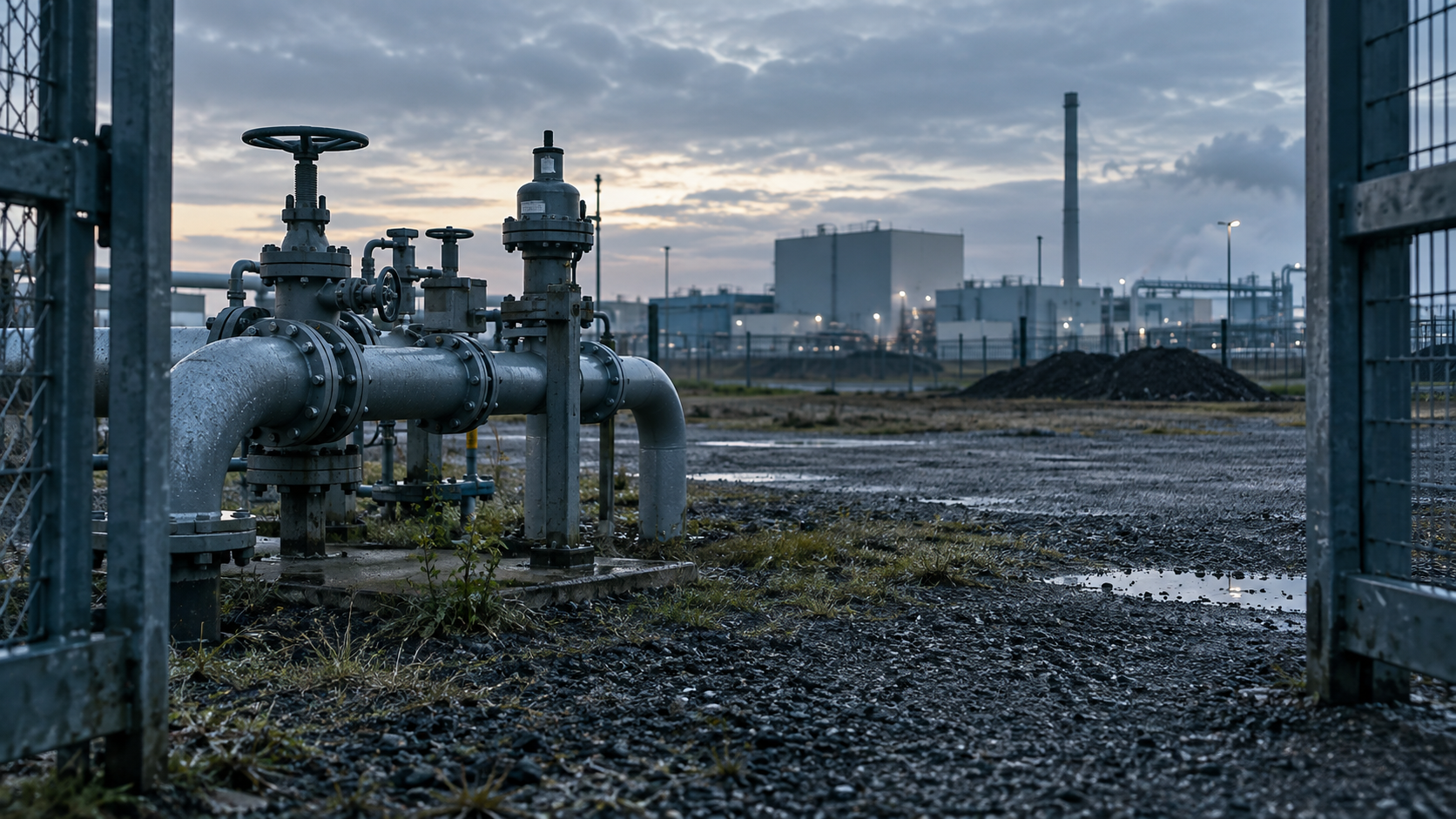 A realistic editorial photograph at the edge of a German industrial estate, showing an existing gas pipeline valve station beside an undeveloped plot and distant factory buildings. Photograph from gro