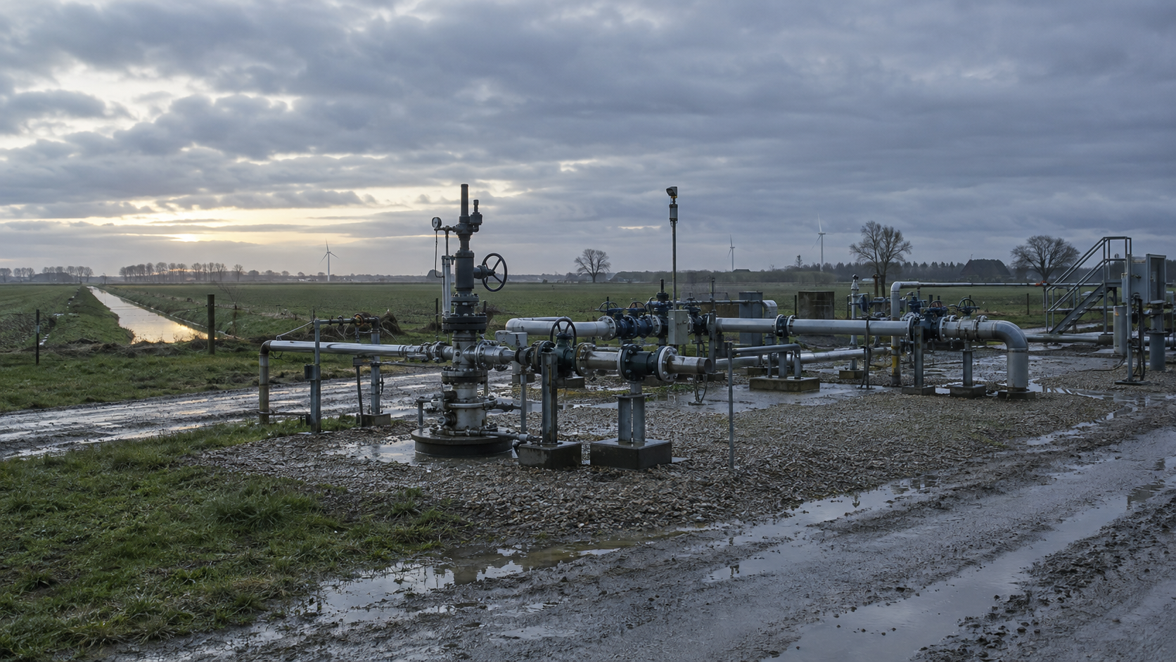 A realistic editorial photograph at the existing gas-storage site near Zuidwending in the Netherlands, showing surface wellheads, steel pipework and maintenance access across flat agricultural land. E