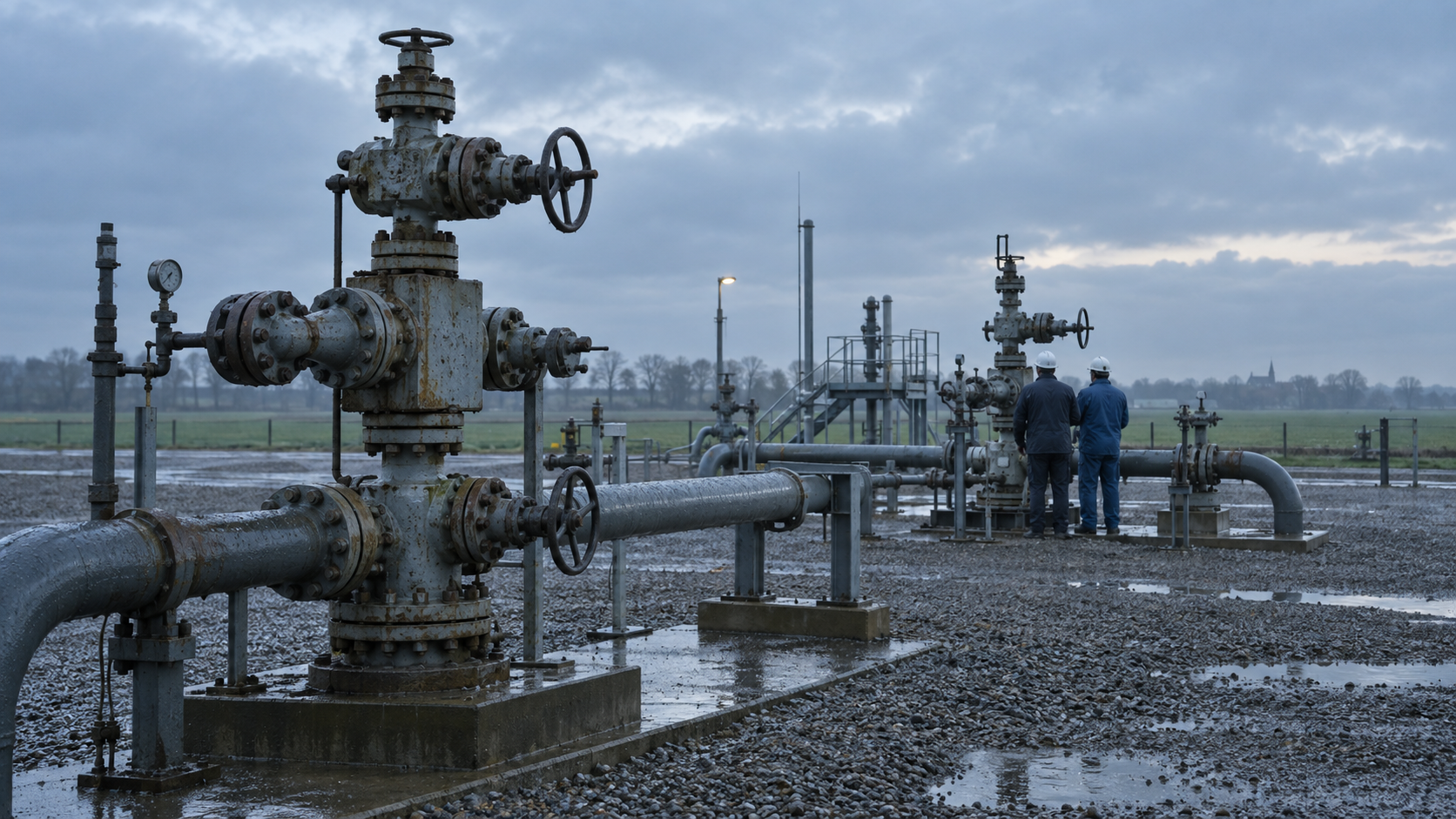A realistic editorial photograph at an underground gas-storage site near Zuidwending in the Netherlands, showing surface wellheads, heavy valves and connecting pipework across flat agricultural land. 