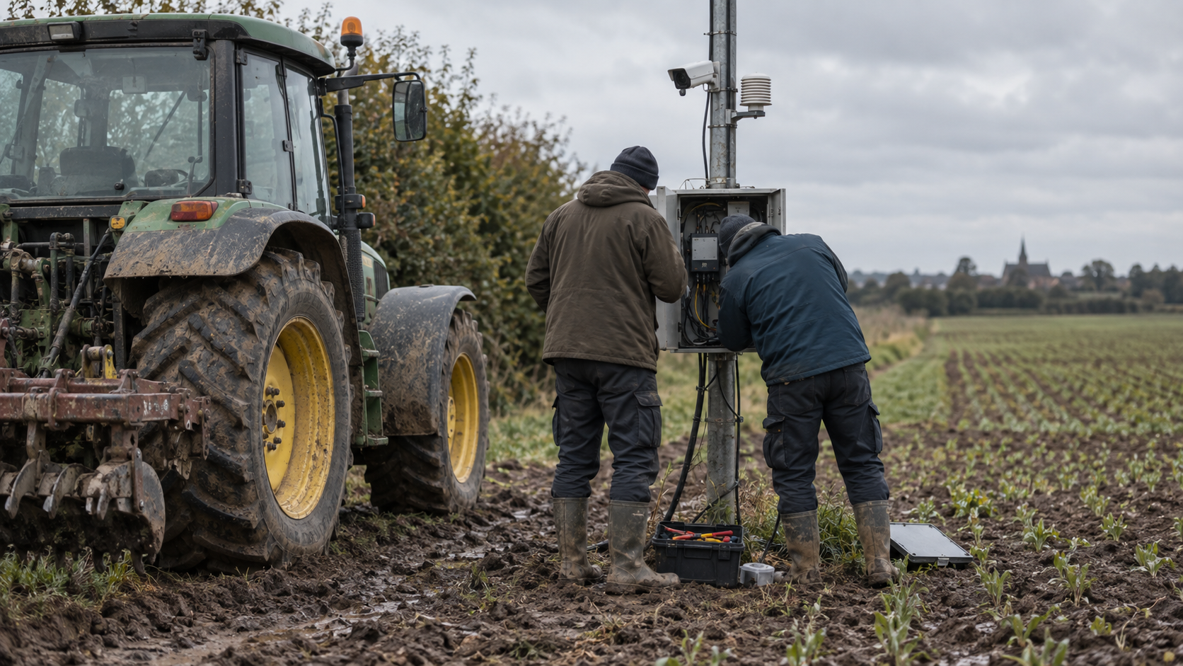 A realistic editorial photograph at a gas pipeline construction site in rural Germany on an overcast autumn morning. An excavated steel pipeline runs beside a newly installed parallel section, with ex