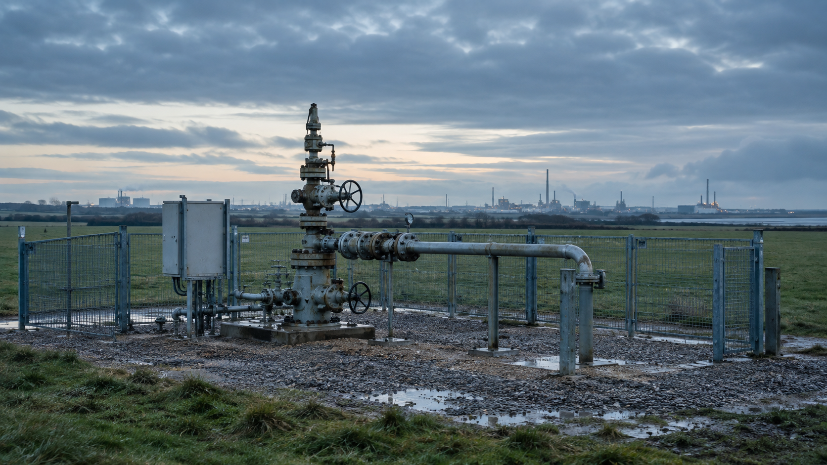 A realistic editorial photograph at an established gas-storage wellhead site near Teesside, showing steel pipework, isolation valves and a compact fenced equipment compound against flat agricultural l
