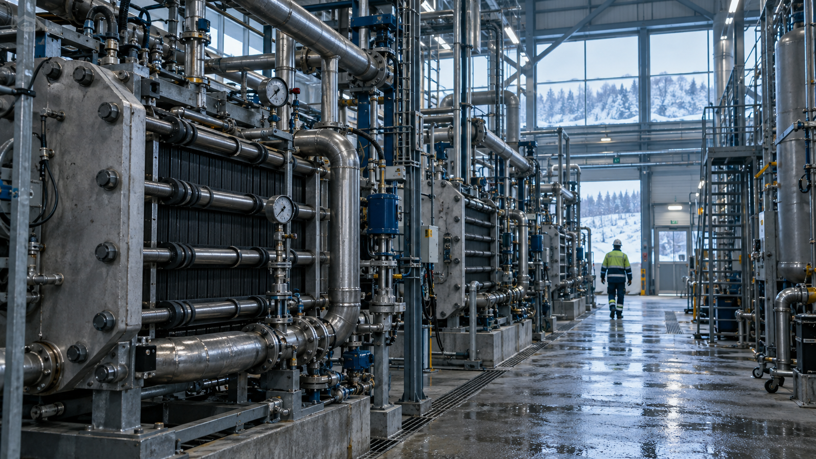 A realistic editorial photograph inside an industrial electrolysis hall in Luleå, Sweden, on a winter afternoon. Rows of electrolyser equipment, substantial pipework, valves and pressure instruments f