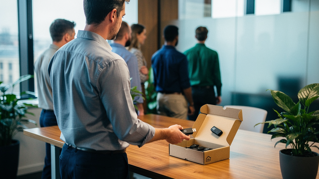 A UK open-plan tech office mid-morning, soft daylight through large windows, an IT manager seen from behind and side-on at a standing desk, focused on a large wall-mounted screen showing a blurred log
