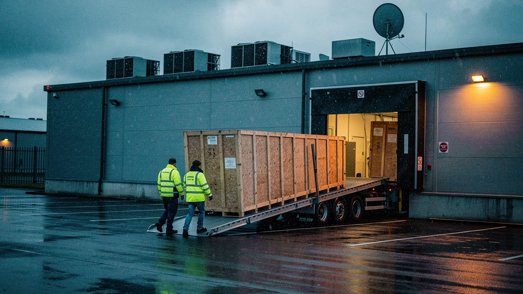A UK data centre loading bay at dusk, seen from a distance. Two engineers in hi-vis jackets, backs to camera, wheel a large wooden shipping crate off a flatbed lorry towards open doors of a low grey i