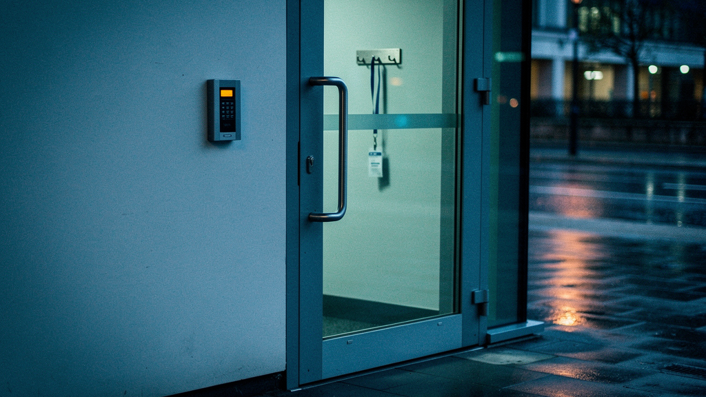 A modern UK office building's secure entrance at dusk, a keycard access control reader mounted beside a heavy glazed door, its small indicator light glowing amber, wet pavement reflecting nearby stree