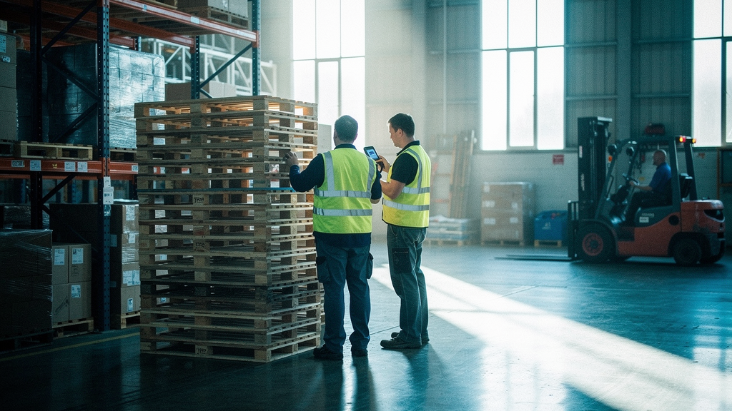 A well-lit UK factory production floor mid-shift, workers in hi-vis vests checking a stack of pallets against a handheld scanner near a loading bay, morning light through high industrial windows, fork