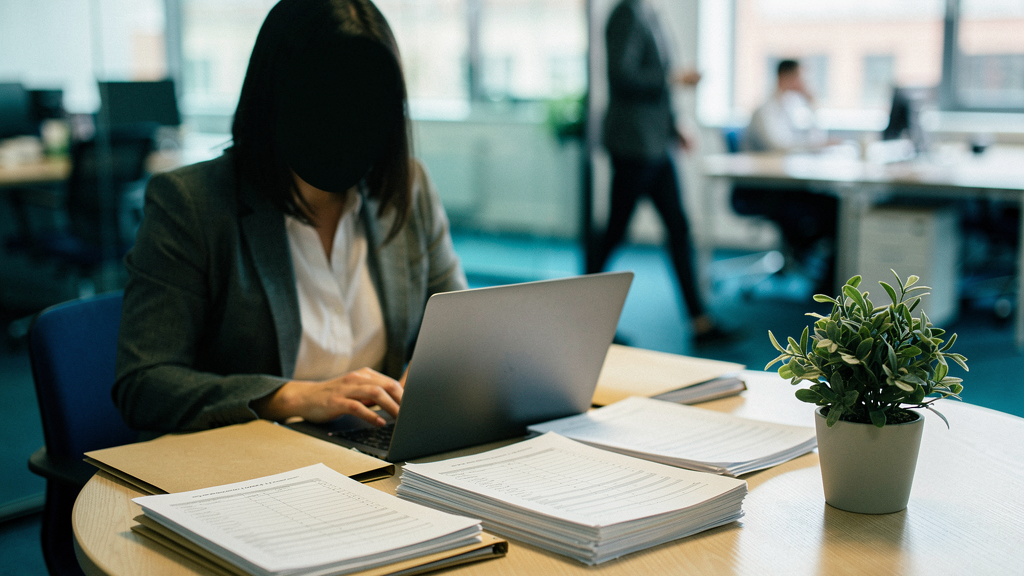 A bright open-plan UK office meeting corner in mid-morning light, an HR coordinator sorting a stack of paper leave-request forms into folders on a round table beside a closed laptop, a small potted pl