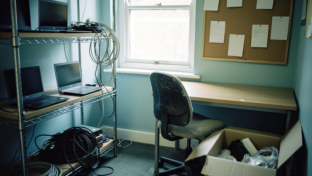 A small UK office storeroom repurposed as an IT corner, shelves holding a handful of spare laptops and a tangle of coiled network cables, an empty desk chair pulled out beside a cork noticeboard with