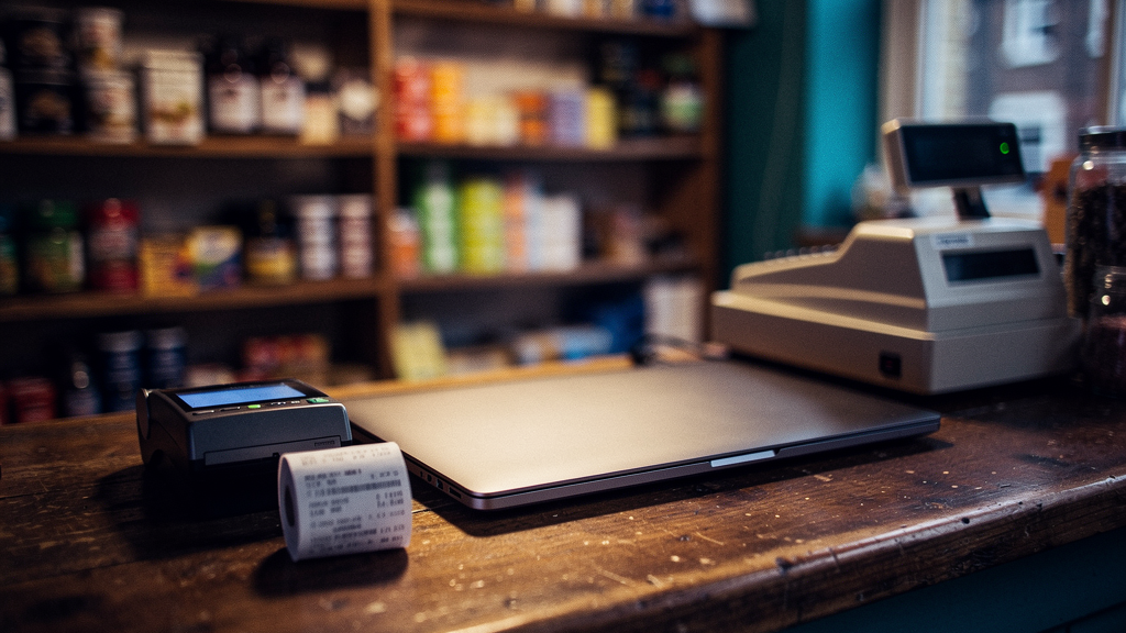 A small independent UK shop counter at closing time, dim warm light, a card reader and a paper receipt roll on the counter, a laptop closed beside an old till, no people, shot from a low angle across