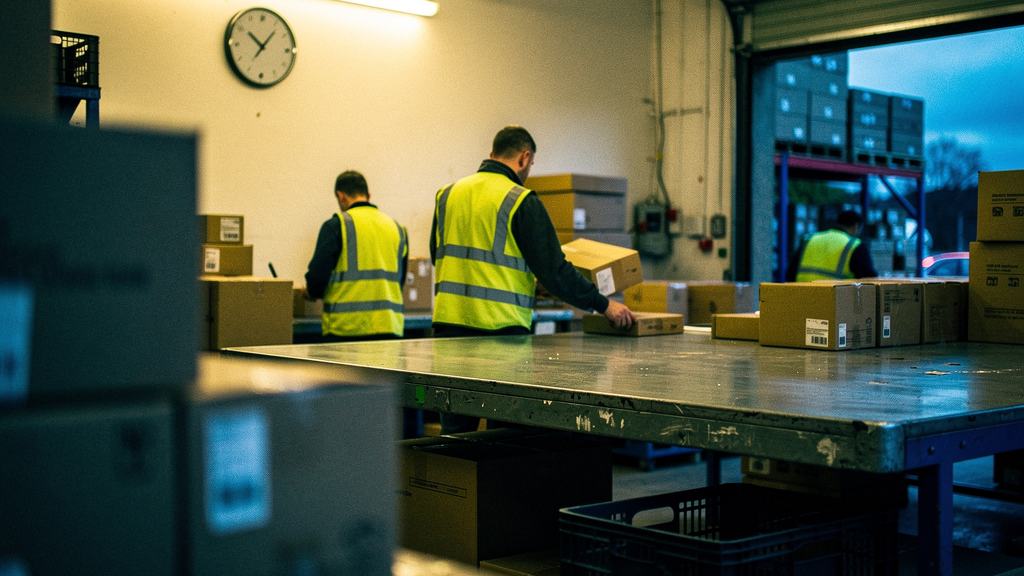 A small UK warehouse unit at dusk during a busy dispatch period, staff from behind packing cardboard parcels on a long steel table, stacked delivery boxes and courier crates in the foreground, a wall