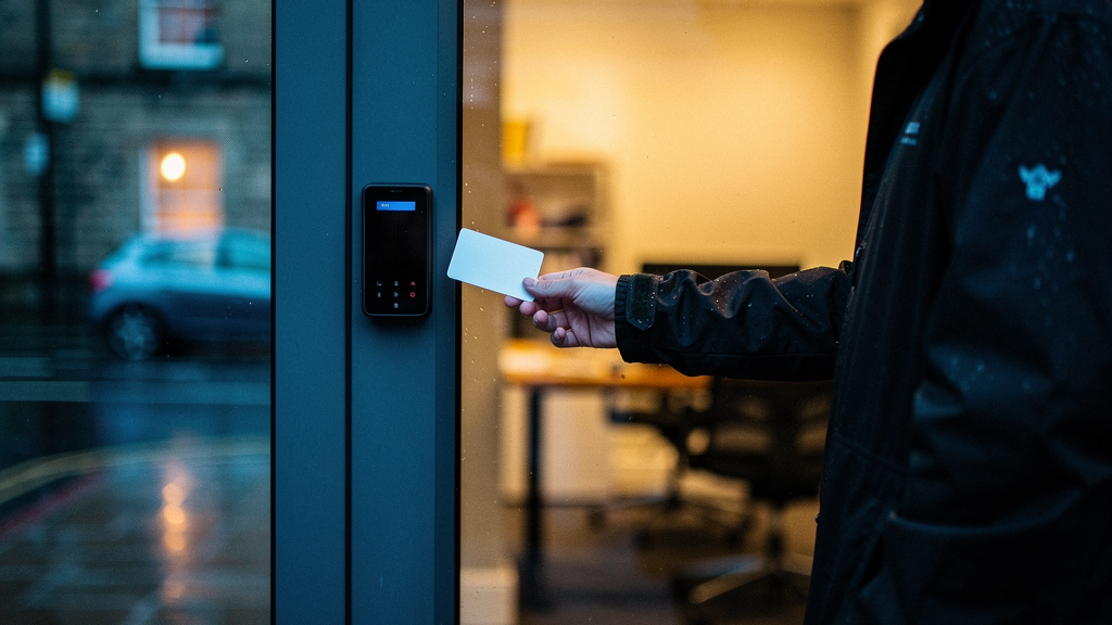 A UK small business office entrance at dusk, an electronic door access reader mounted beside a glass entrance door, a person's hand from behind badging in with a keycard, warm interior office light gl