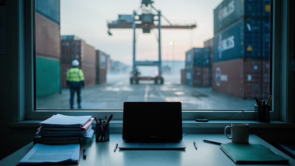 A UK customs clearance depot at a container port at dawn, a small forwarding office with a desk facing a window overlooking stacked shipping containers and a crane in the middle distance, soft overcas