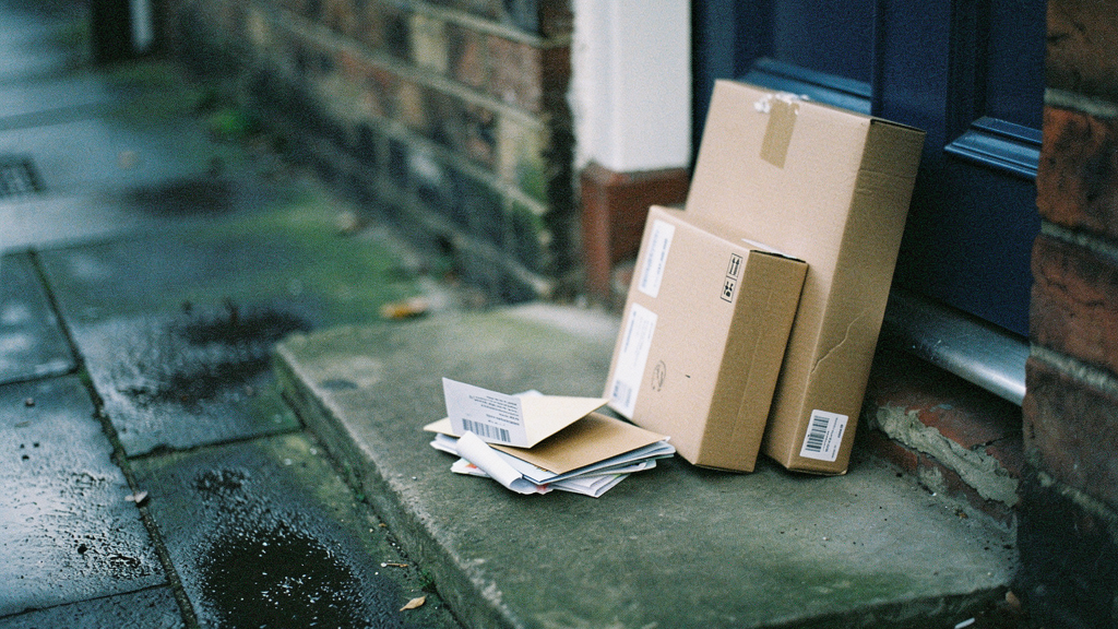 A UK high street letterbox and a small stack of opened post including a couple of brown cardboard subscription-box parcels on a doorstep, early morning light, slightly damp pavement, a terraced house