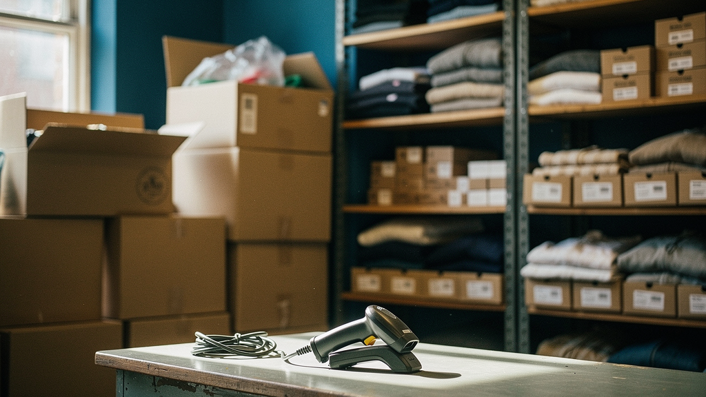A small UK high street shop's stockroom at the back of a shopfront, cardboard boxes stacked beside a wall of open shelving holding folded clothing and small boxed goods, a handheld barcode scanner res