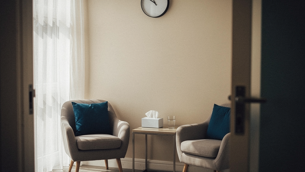 A quiet, softly lit UK counselling room seen from the doorway: two armchairs angled toward each other, a low side table with a box of tissues and a glass of water, a wall clock, soft daylight through