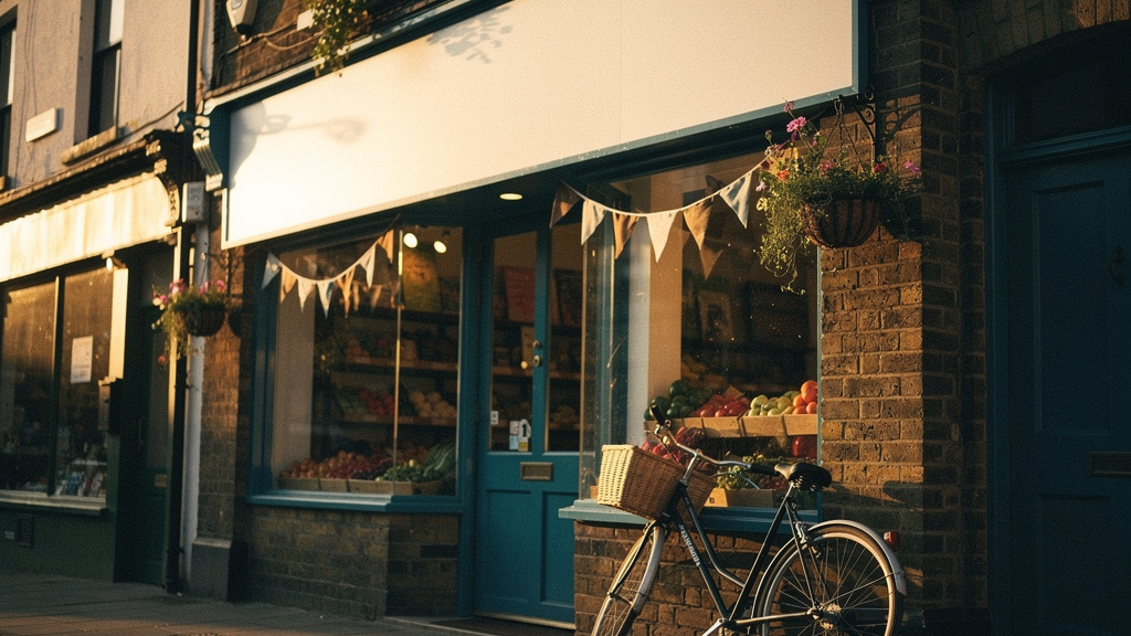 A UK high street shopfront from outside at golden hour, a small independent grocer with a hand-painted sandwich board, hanging baskets and bunting, brick facade, a delivery bike leaning against the wa