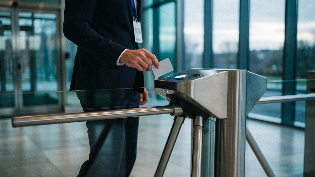 A UK corporate office reception area early morning, an employee badging through a turnstile access gate with a lanyard, glass and steel entrance, soft daylight through tall windows, a quiet moment bef