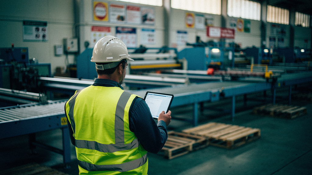 A UK factory shop floor at the start of a shift, wide angle, a supervisor in a hi-vis vest and hard hat holding a tablet near a production line, safety signage visible but unreadable at this distance,