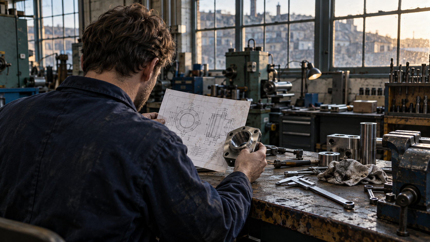 A small UK engineering workshop, someone seen from behind at a workbench checking a printed technical drawing against a machined metal component, other parts and tools laid out nearby, daylight throug
