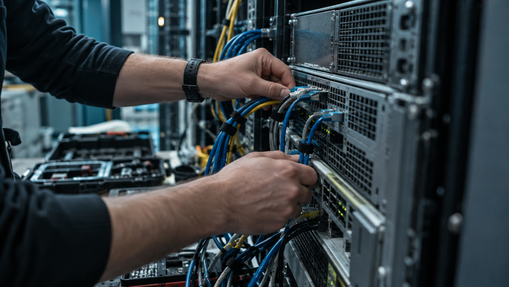 Inside a UK enterprise equipment room in the early evening, a technician's hands connect network cables to a single rack-mounted database server beside an open equipment case. Close framing shows cabl