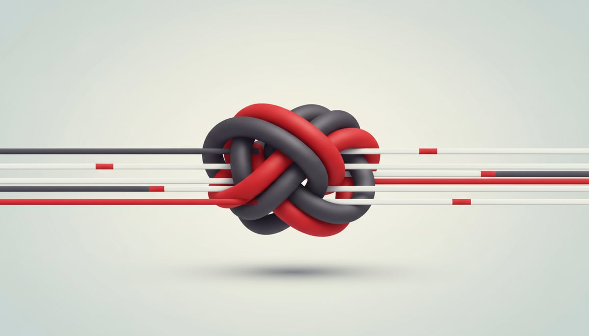 Abstract tangled knot of red and black data lines