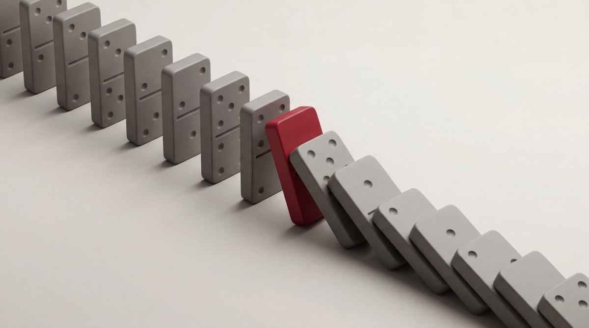 Domino cascade halted by a red block symbolising data resilience