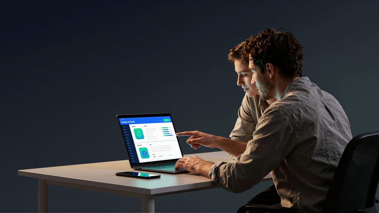 A small-business colleague using an AI assistant dashboard on a laptop