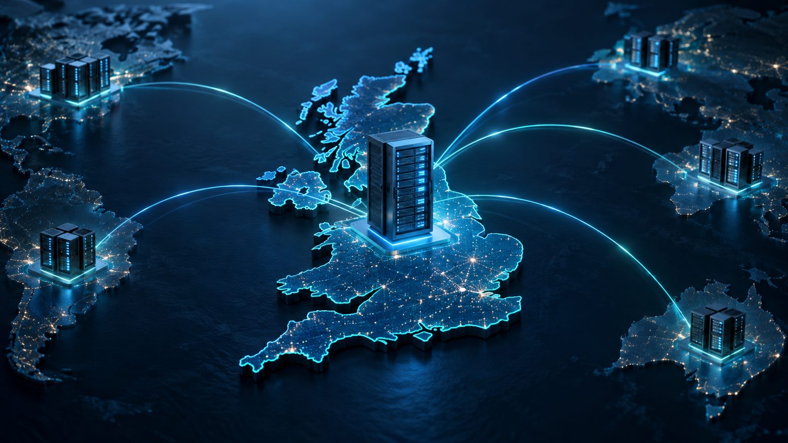 A blue and teal server enclosure on a stylised map of the United Kingdom, with illuminated connections extending to separate server clusters beyond its boundary, without text, logos or faces.