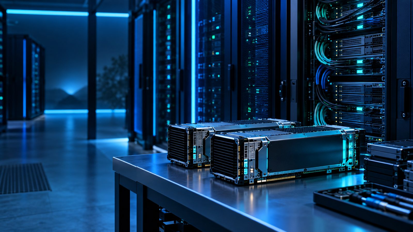 A realistic server room with accelerator modules on a workbench beside connected racks, lit in blue and teal, with no text, logos or faces.