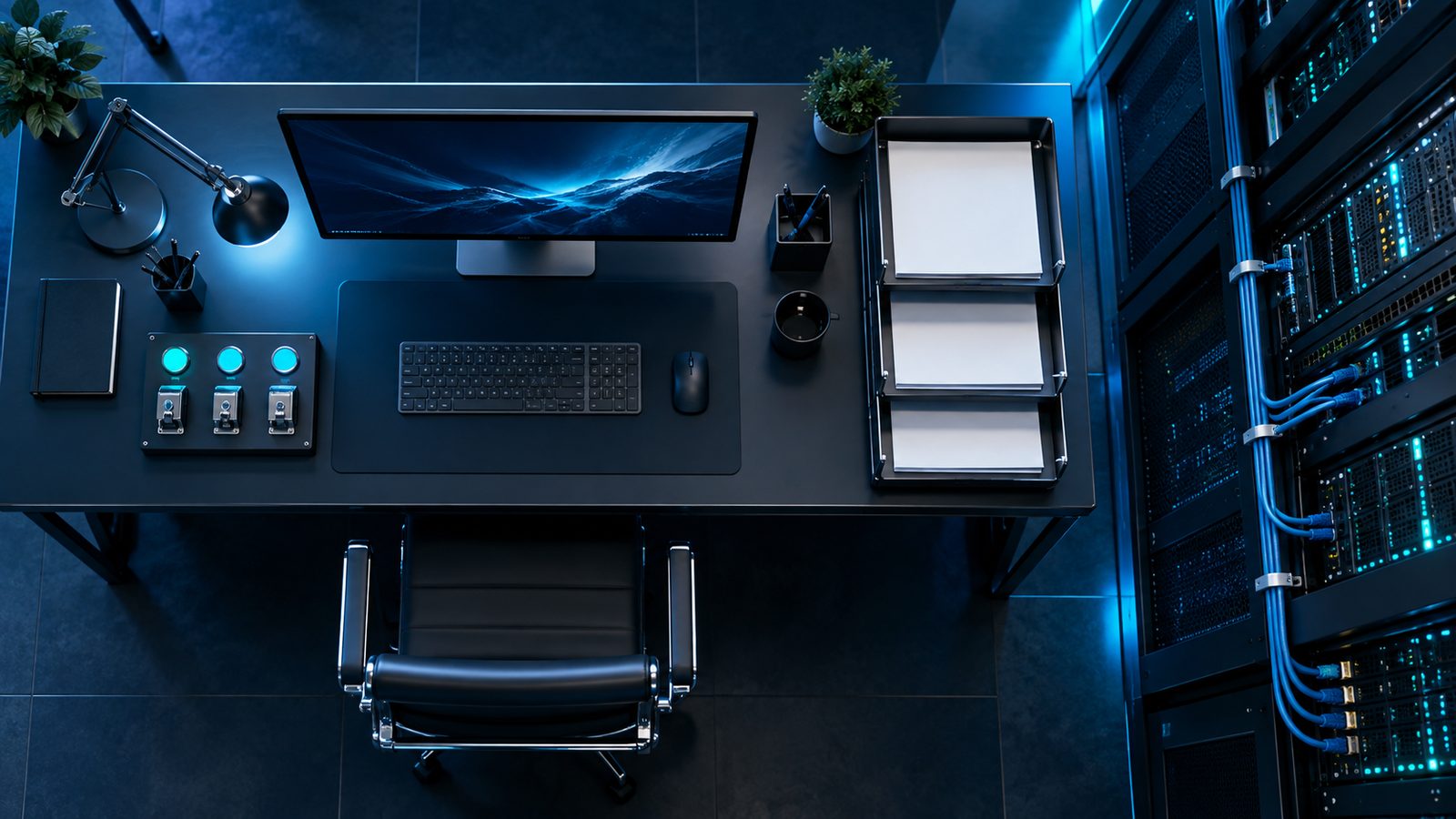 An overhead view of a secure office workstation with physical approval switches, neatly arranged document trays and connected database hardware, with no text, logos or faces.