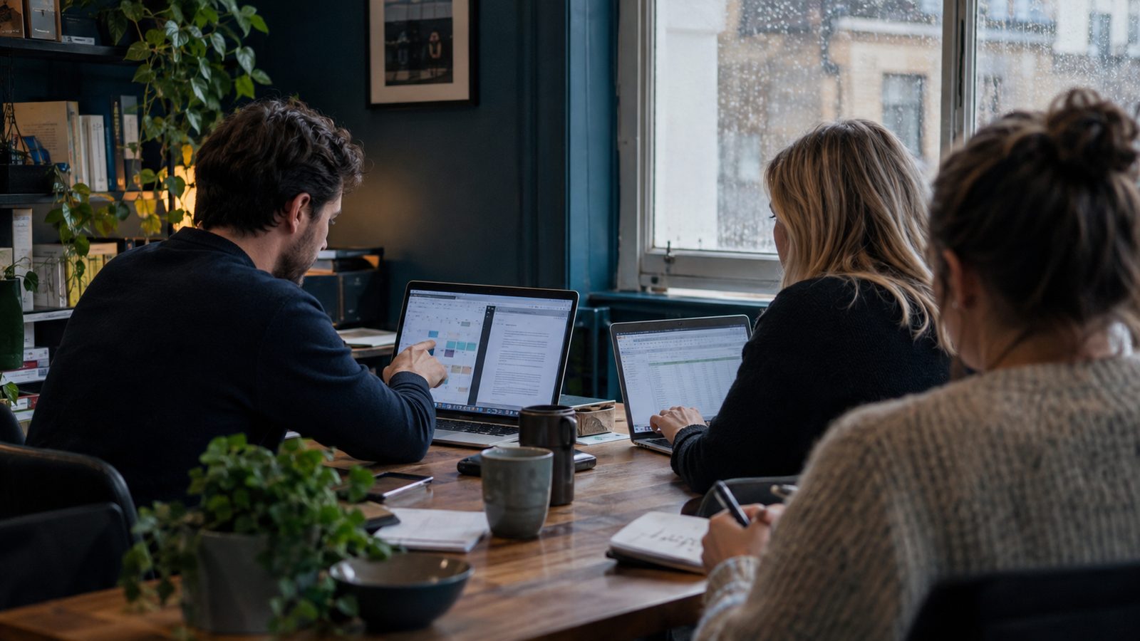 In a small UK professional services office in morning light, two colleagues sit side by side at a meeting table, comparing work on open laptops—one showing a calendar and document, the other a spreads