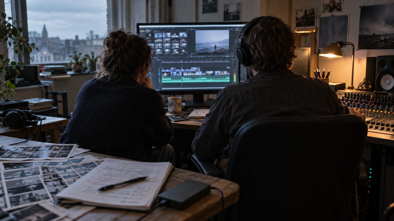 Inside a small British film-editing studio on an overcast afternoon, a producer and sound editor seen from behind review a video timeline beside a mixing console. Printed photographic contact sheets,