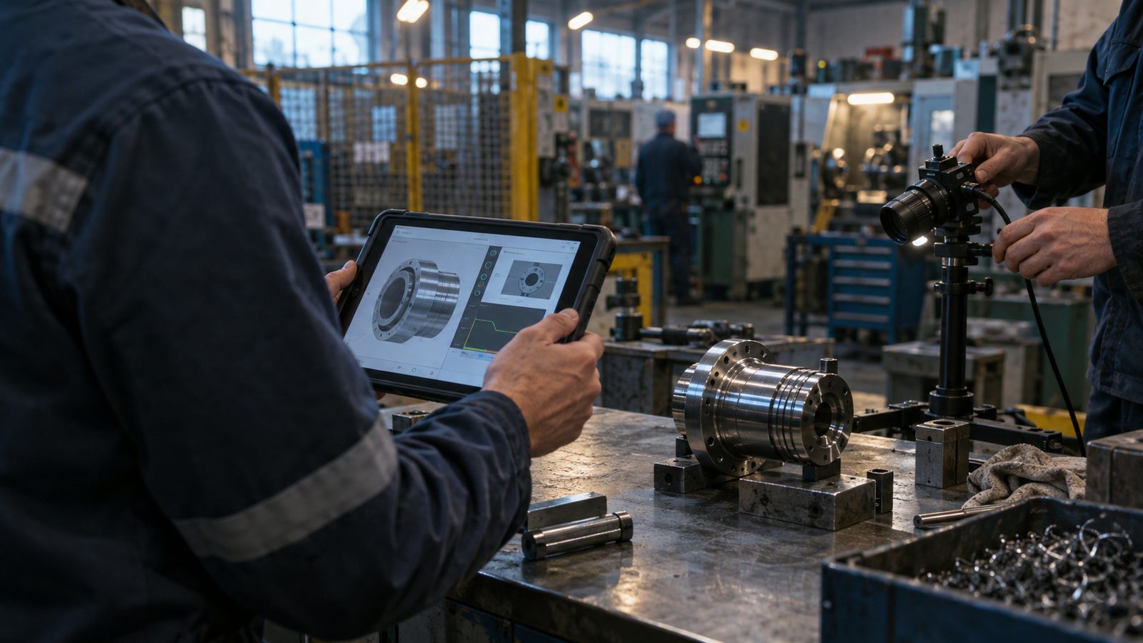 In a small UK manufacturer’s workshop, an engineer tests a tablet-based quality check beside a production line, comparing a close-up of a metal component with results displayed in a simple custom insp