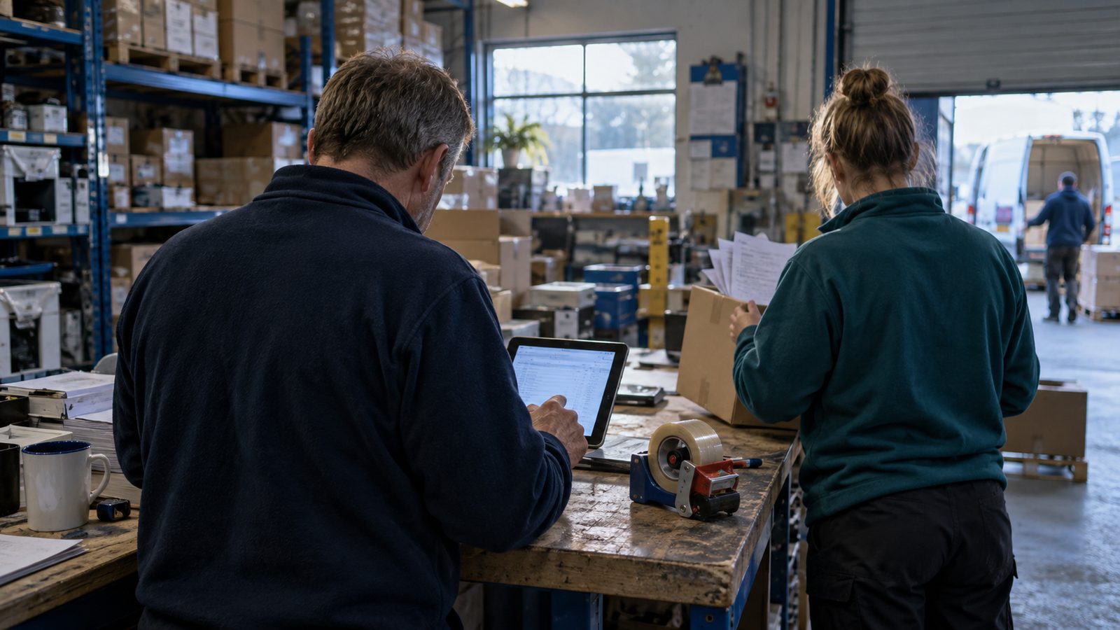 A small British wholesale warehouse in late afternoon, photographed over the shoulder of a sales supervisor reviewing a proposed customer quotation on a tablet beside a packing bench. A colleague wait